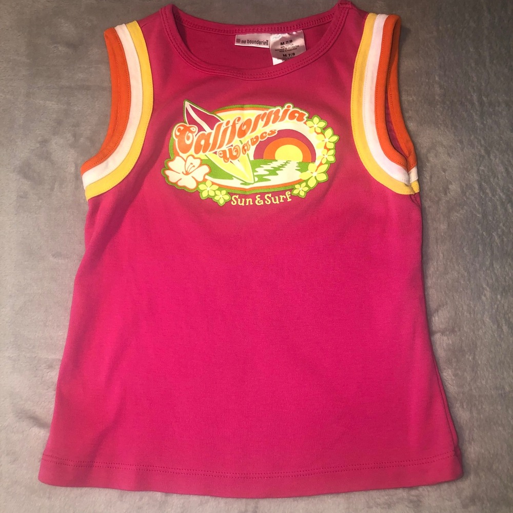No Boundaries Girls Tank Top Size M 7/8 Pink California Waves Vtg y2K Muscle Tee